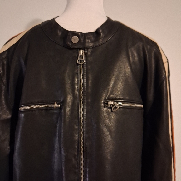 Men's Black Faux Leather Jacket with Striped Sleeves Size XL - Picture 8 of 16